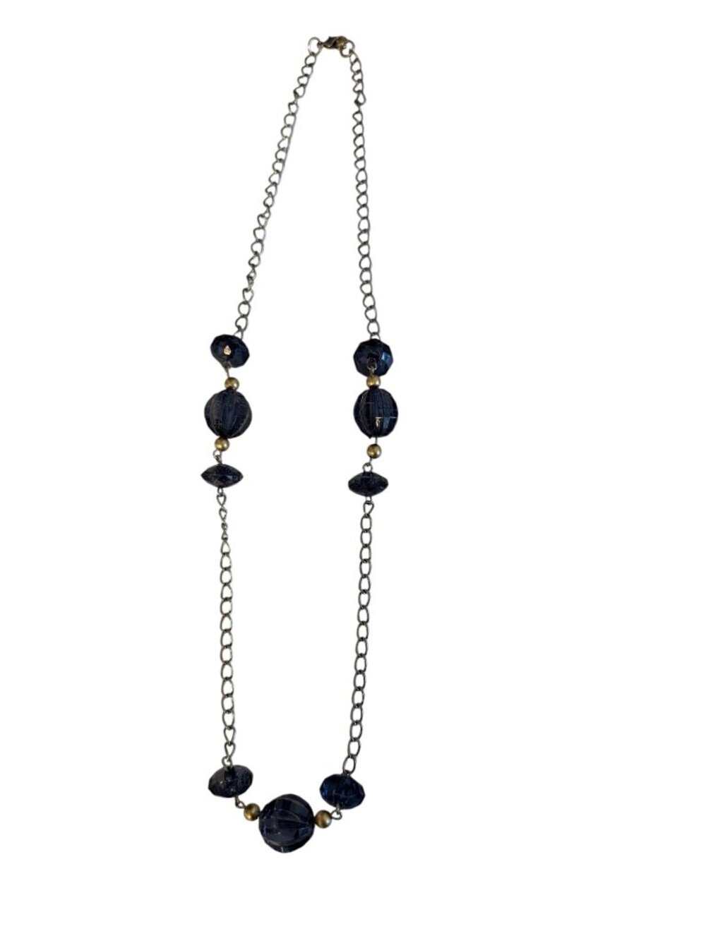 Vintage Blue Faceted Bead Necklace 20 Inch Silver Tone Chain Statement Necklace